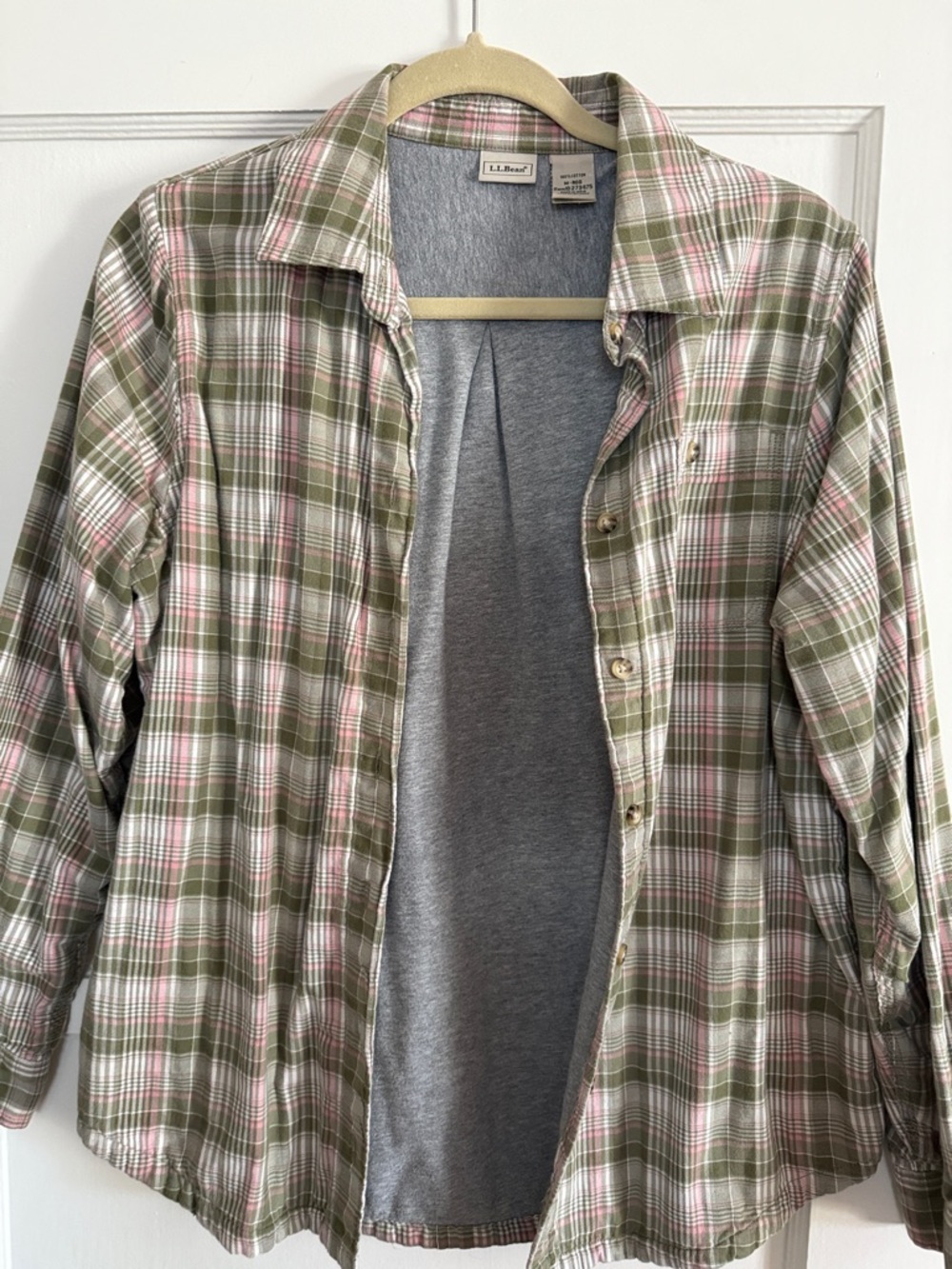 L.L. Bean Green and Pink Plaid Button Down lined with Cotton Jersey Material